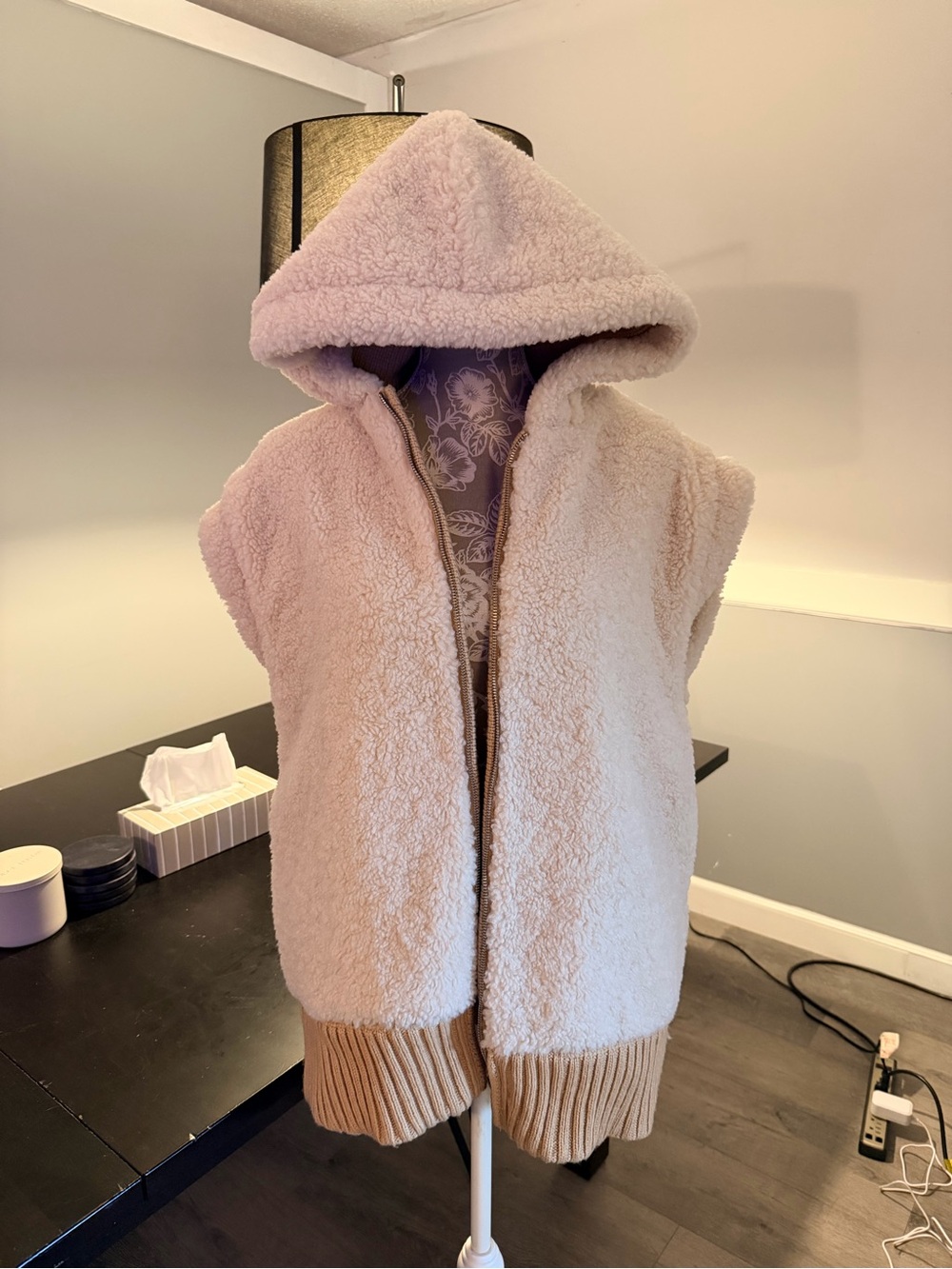 Zara Reversible Hooded Sherpa Vest in cream and beige
